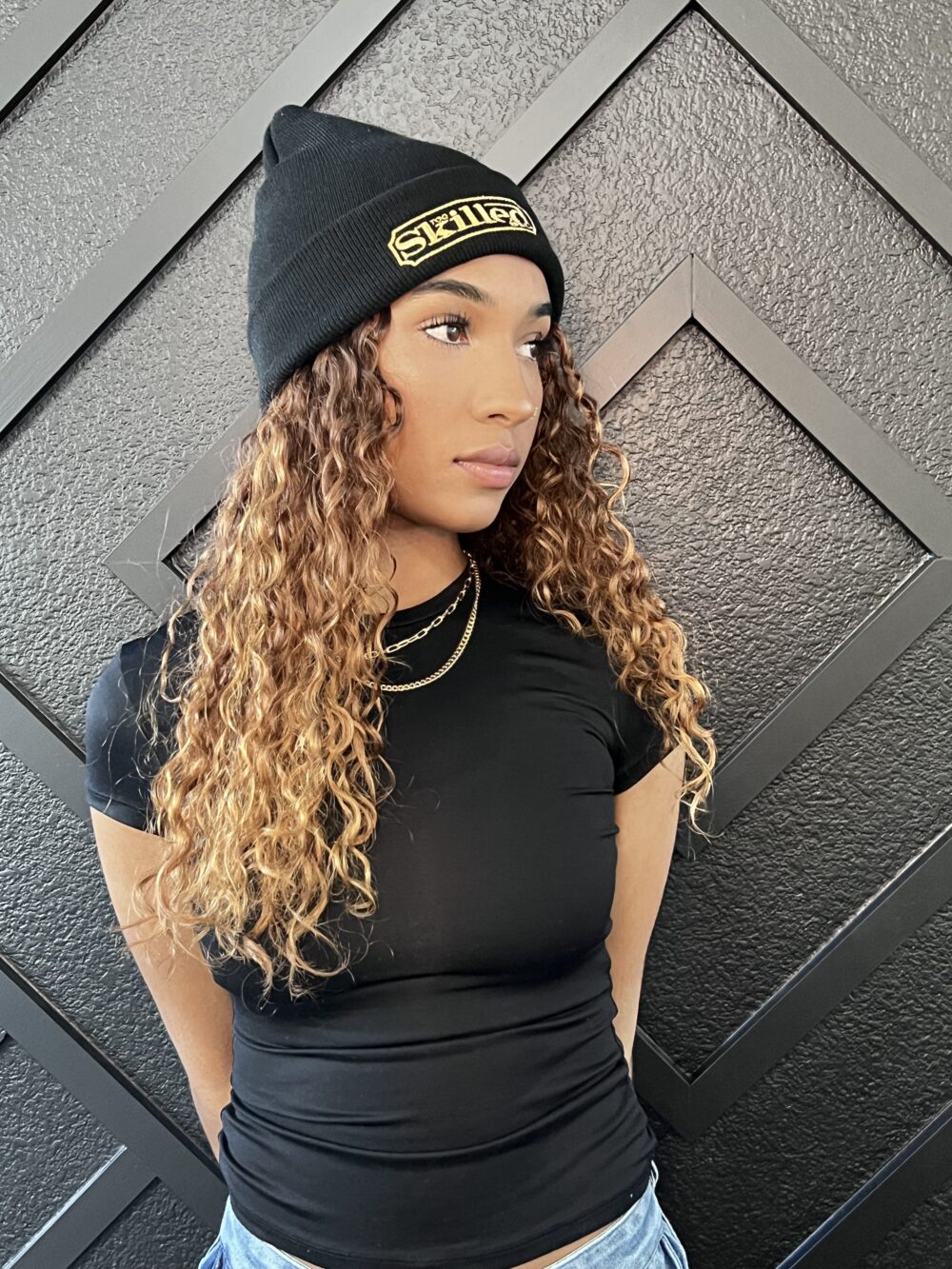 Too Skilled Beanie – Base Black & Gold Font - Image 2