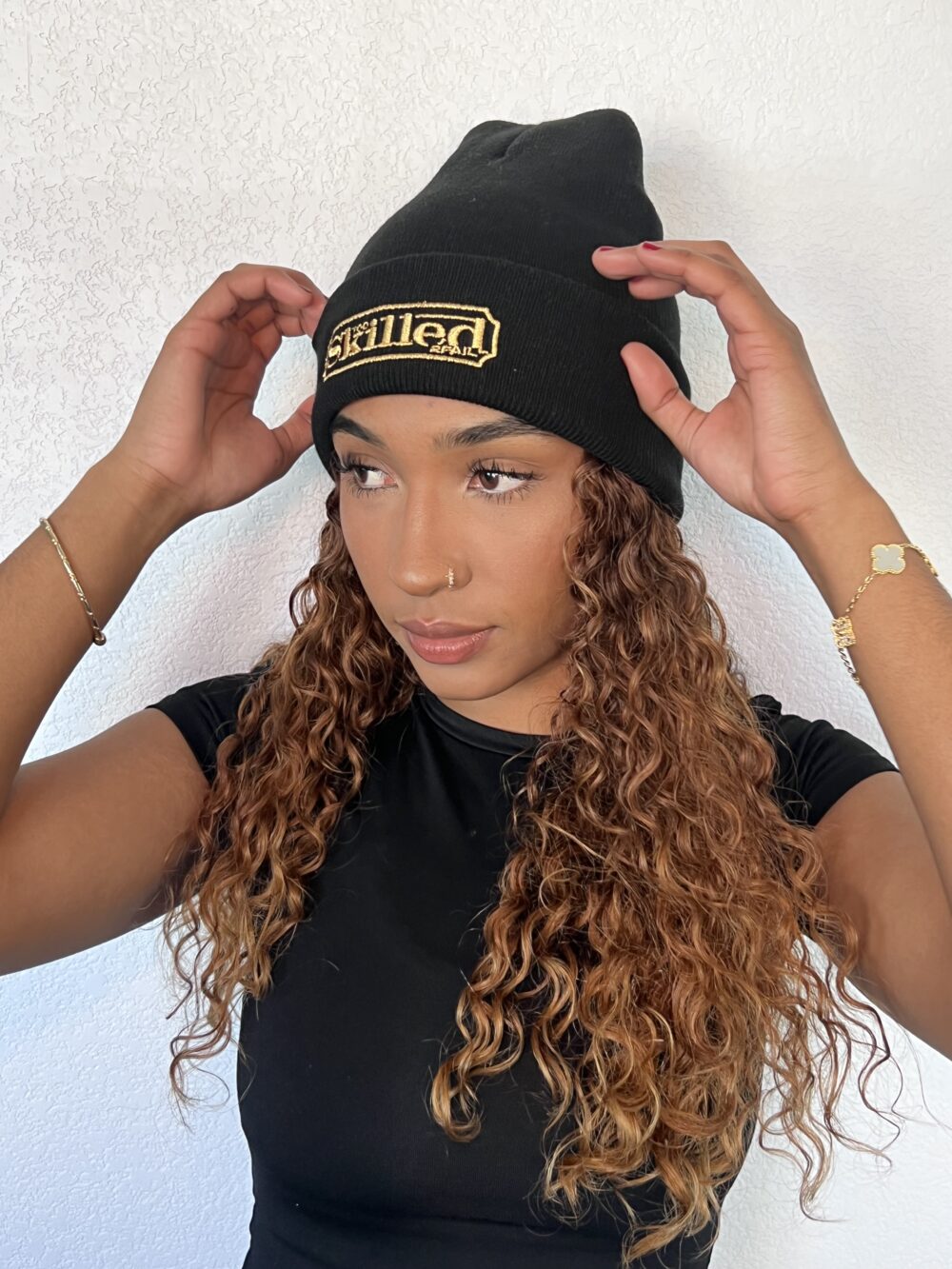 Too Skilled Beanie – Base Black & Gold Font